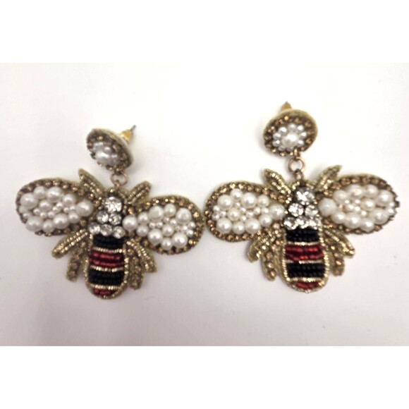 Bee Earrings Pearl Beads, Topaz and Clear Rhinestones Red Black Beads, Soft Body - Picture 3 of 4